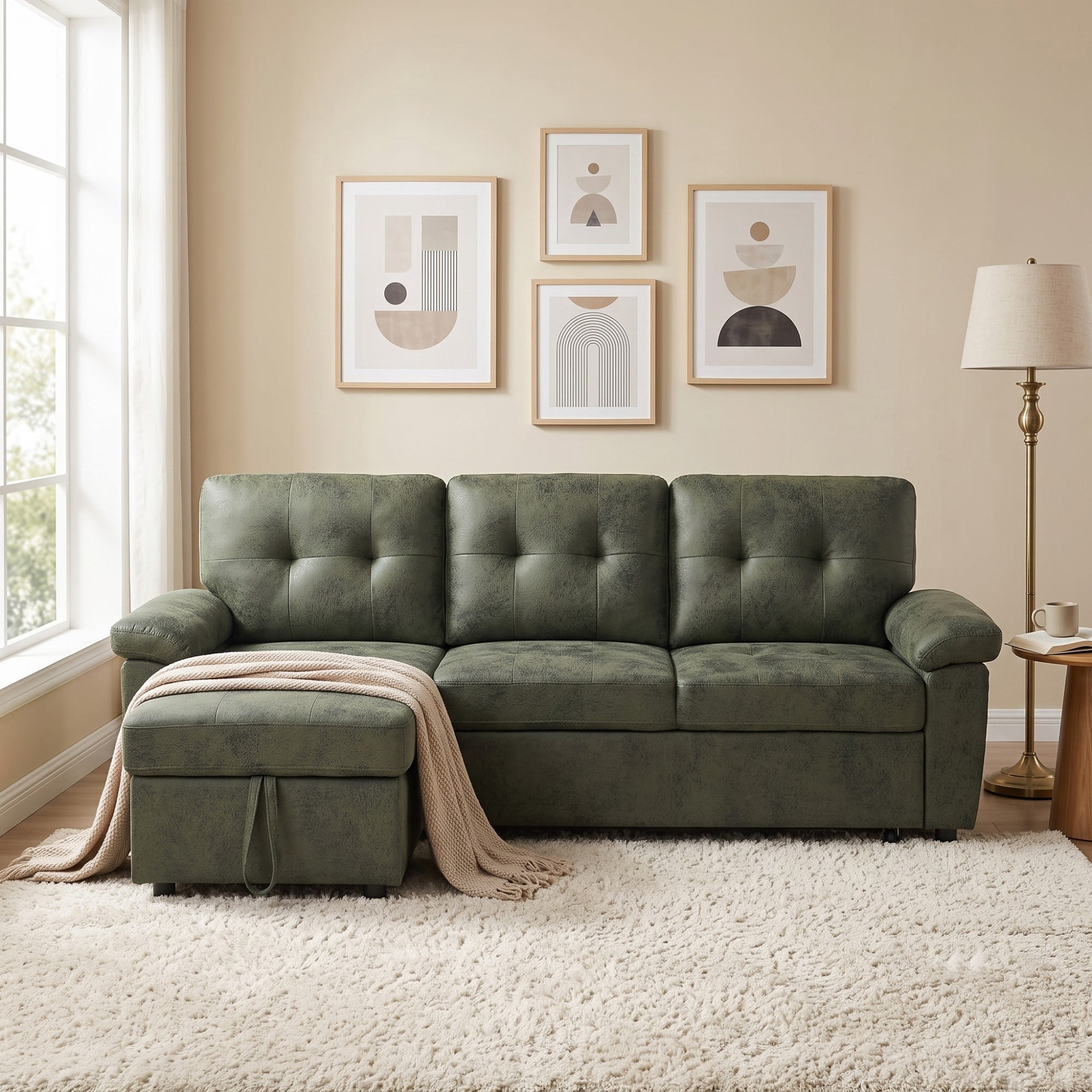 BSHTI 88.5" Polyester Fabric L-Shaped Sectional Sleeper Sofa Bed with Pull-Out Bed, Storage Chaise for Living Room( Light Brown)