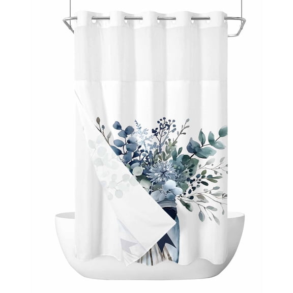 Anzona No Hook Shower Curtains, Watercolor Eucalyptus Leaves Small Shower Curtains with Snap in Liner, Summer Flowers Botanical Waterproof Washable Fabric Bathroom Shower Curtain Sets, 36" x 72"