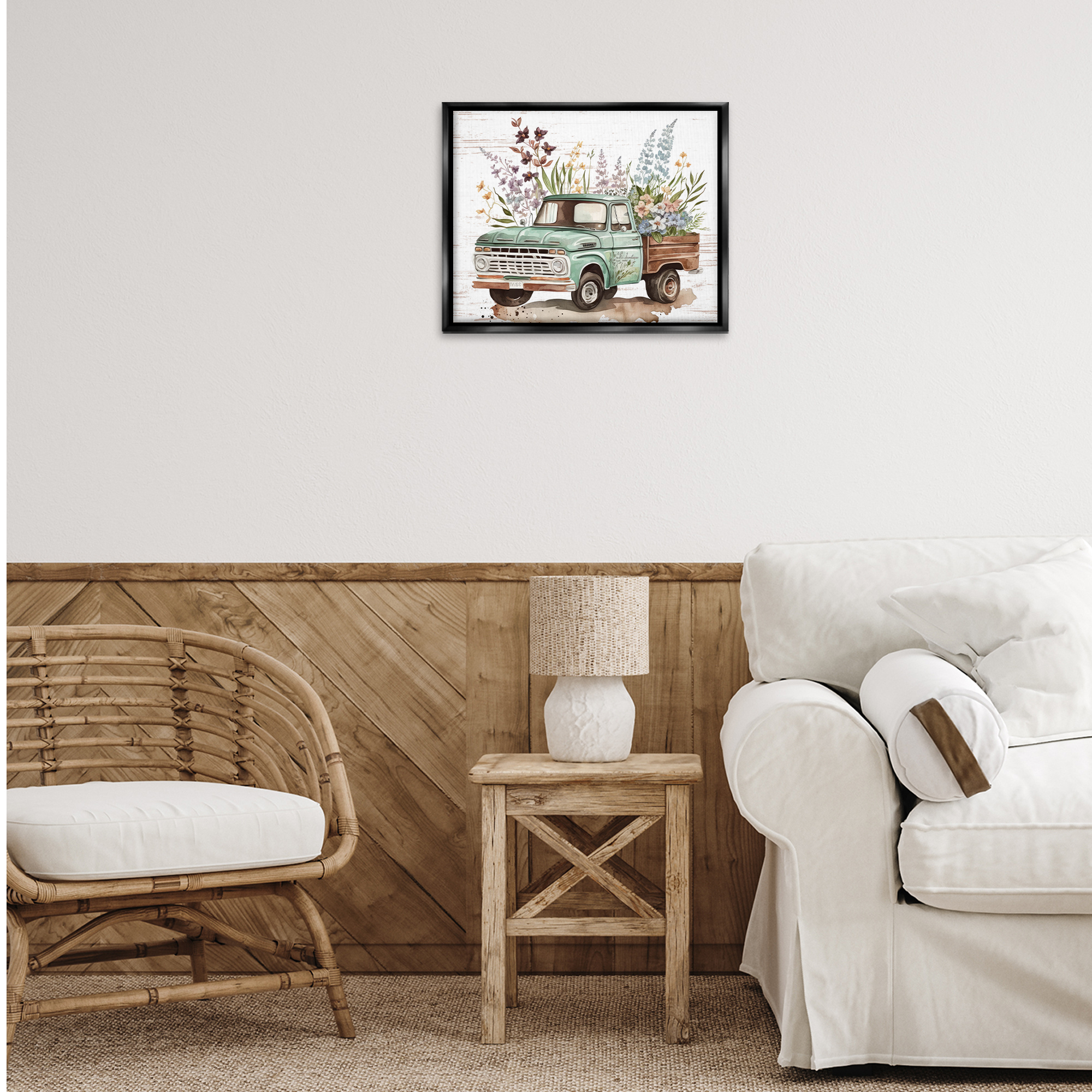 Stupell Industries Floral Herb Truck Transportation Painting Black Floater Framed Canvas Art Print Wall Art, 21 x 17