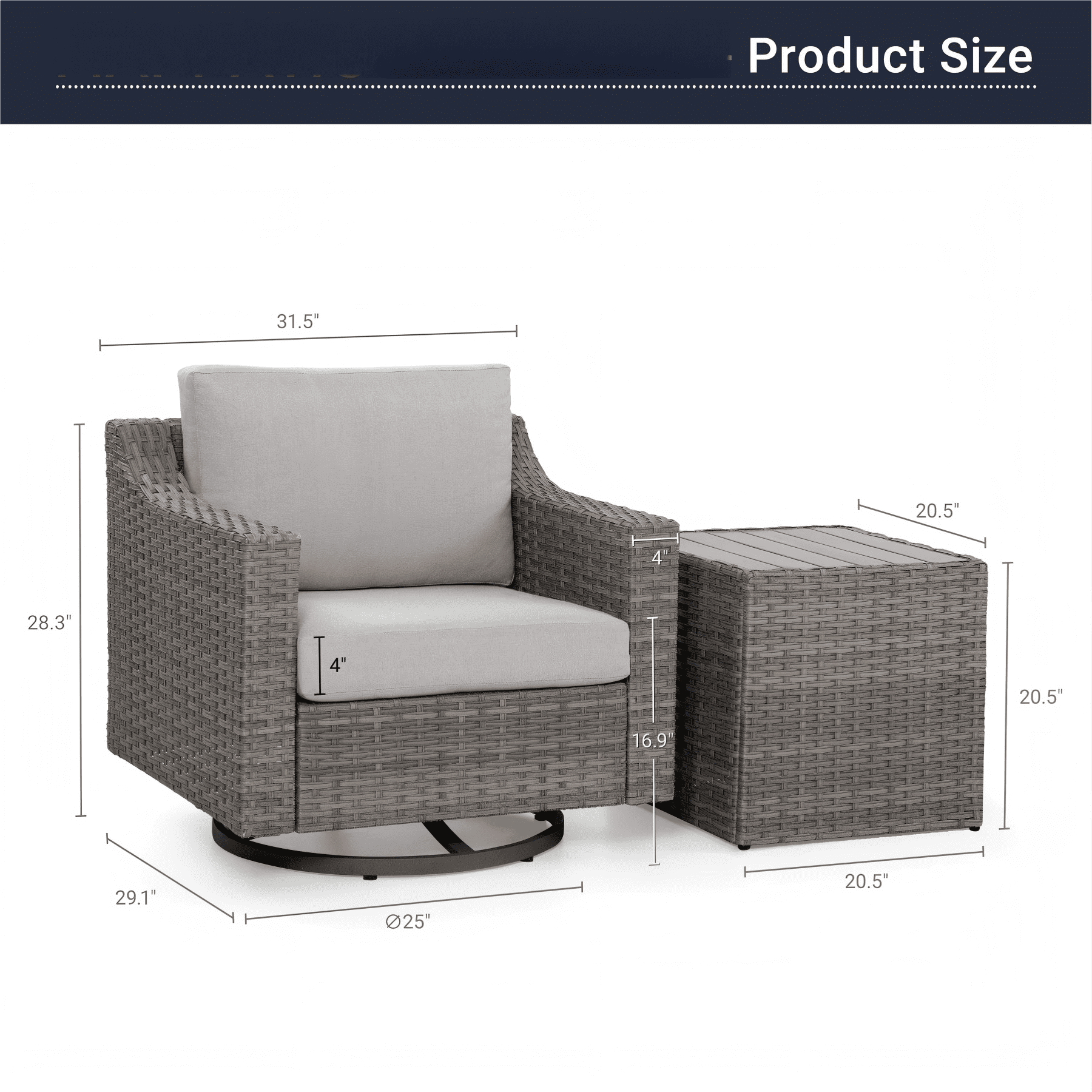 3 Piece Patio Bistro Set with 360 Swivel Patio Chairs, Outdoor Wicker Patio Furniture Set with Cushions and Side Table for Balcony Porch Backyard, Grey/Beige