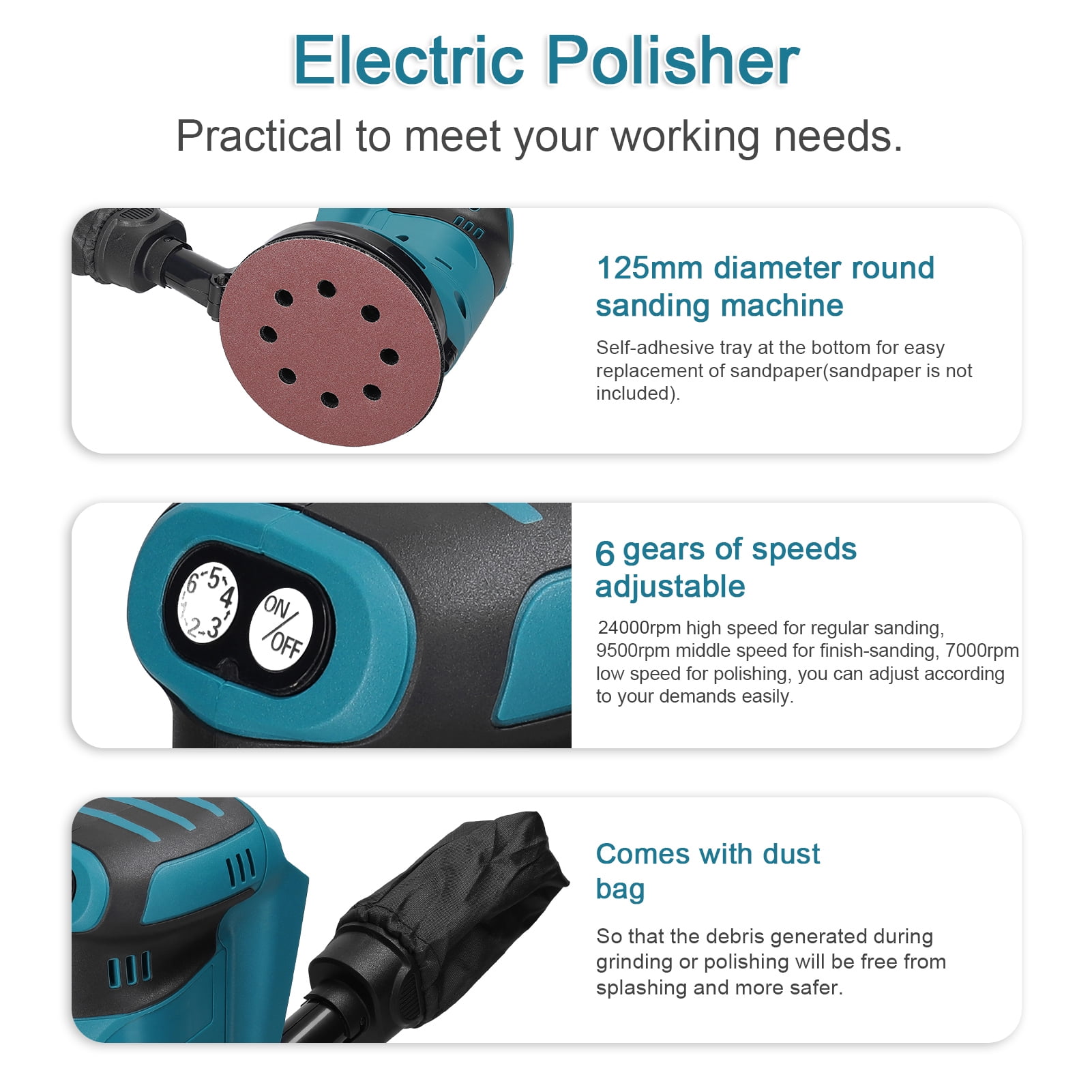 Polishers,125mm Motor Orbital 6 Speed Orbital Sander Speed Adjustable Orbital Car Polisher Wood Tool Car Polisher Wood Metal Orbit Sander Max. 24000rpm 6 Speed Variable Orbital Hxber Buzhi