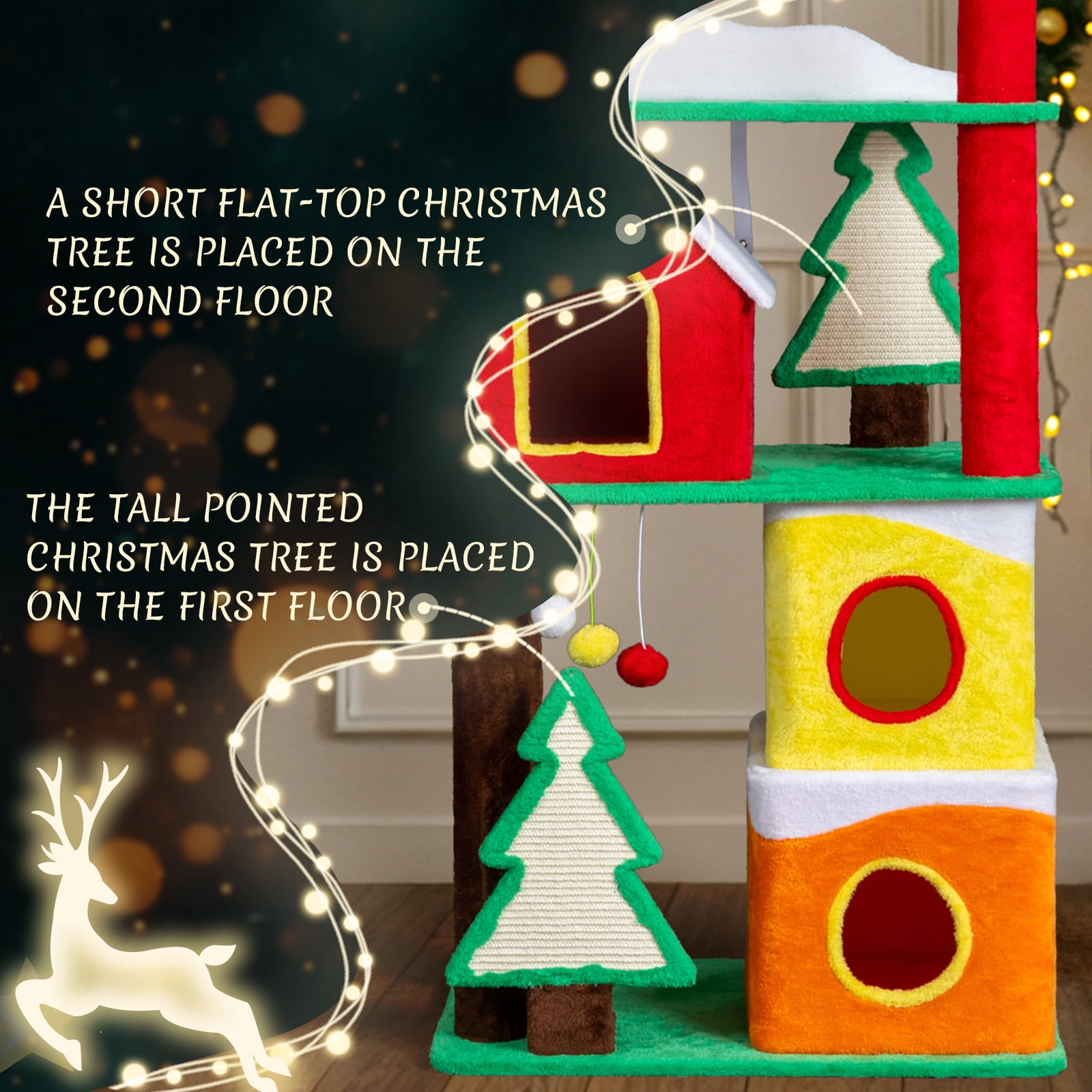 Zimtown Christmas Themed Cat Tree, 56in Multi-Level Tower with Condos, Crown Perch & Sisal Scratching Surfaces