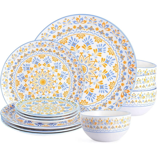12-Piece Dinnerware Set, Round Porcelain Dinnerware Set Include 4 Each of 10.5" Dinner Plate, 7.5" Salad Plate and 5.6" Bowl