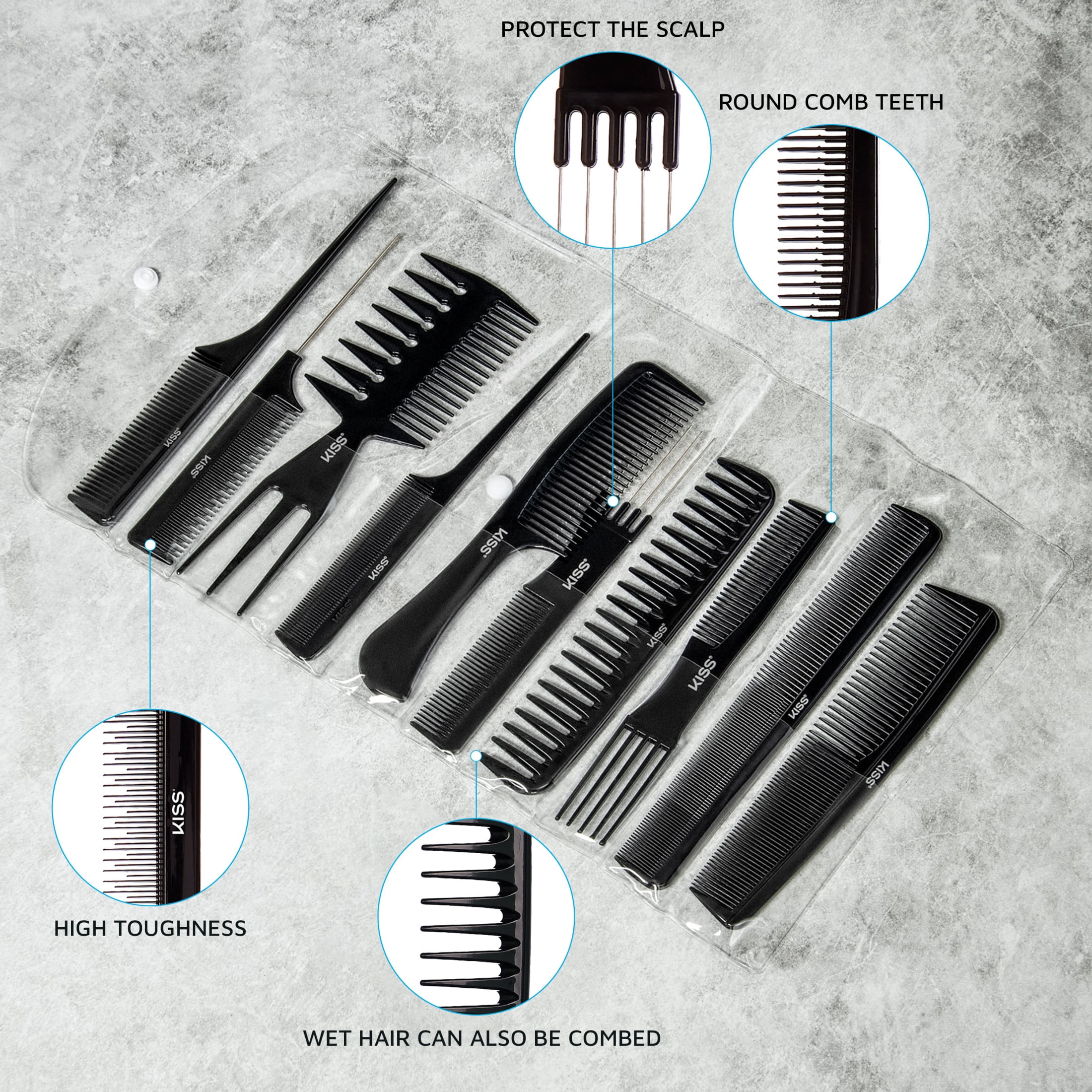 (2 pack) KISS Carbon Fiber Professional Rat Tail Hair Comb, Black, 1 Count