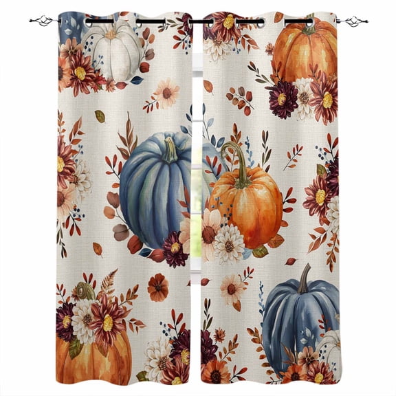 Fsddascl Orange Blue Fall Pumpkins Blackout Curtains for Bedroom/Living Room, Thermal Insulated Kitchen Curtains, Floral Botanical Thanksgiving Rustic Grommet Darkening Window Treatment 27.5"x39"x2