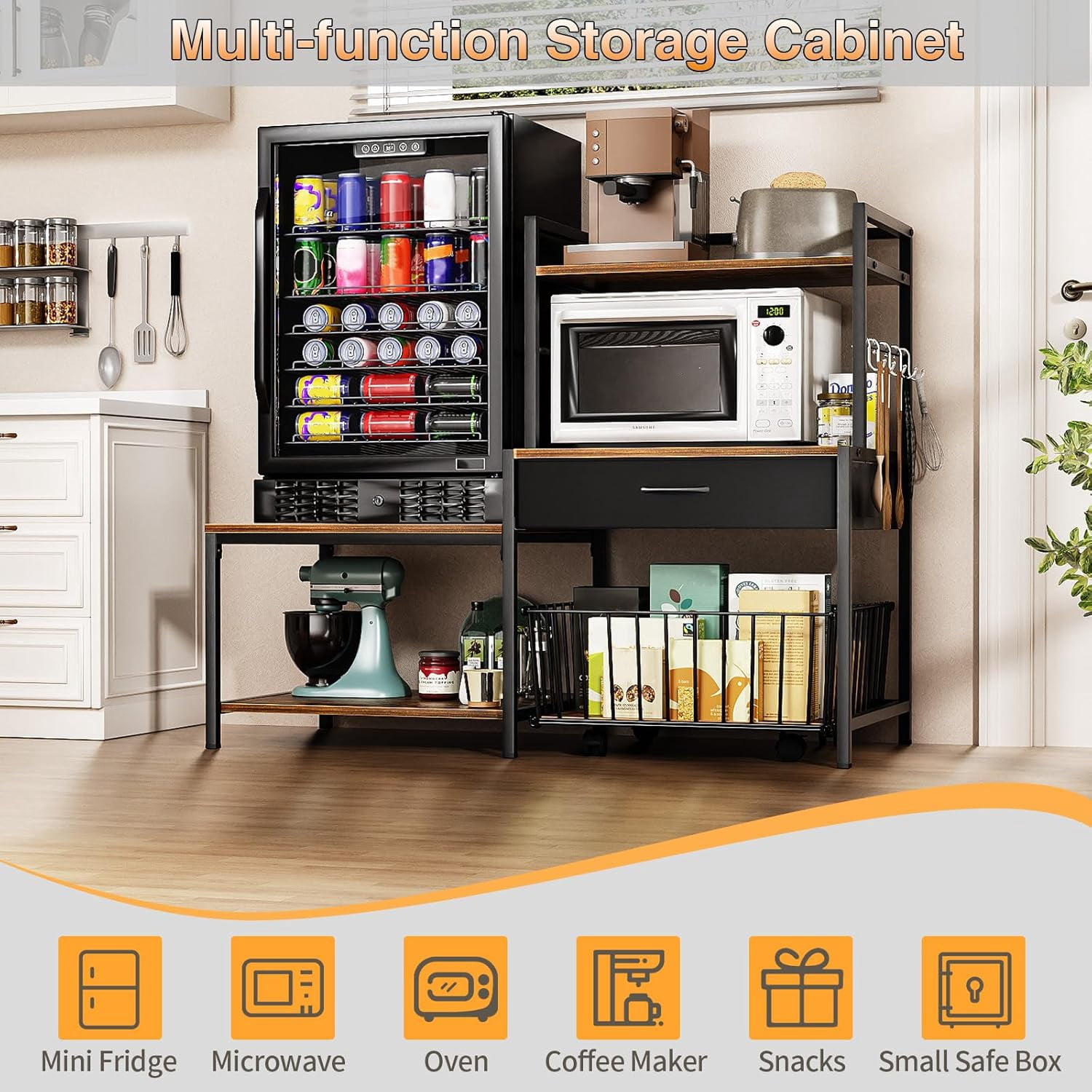 Bakers Rack with Mini Fridge Stand & Microwave Shelf – Coffee Bar with Drawer, Rolling Basket Storage & Hooks – Heavy Duty Kitchen Organizer for Apartments, Dorms & Living Rooms, Brown
