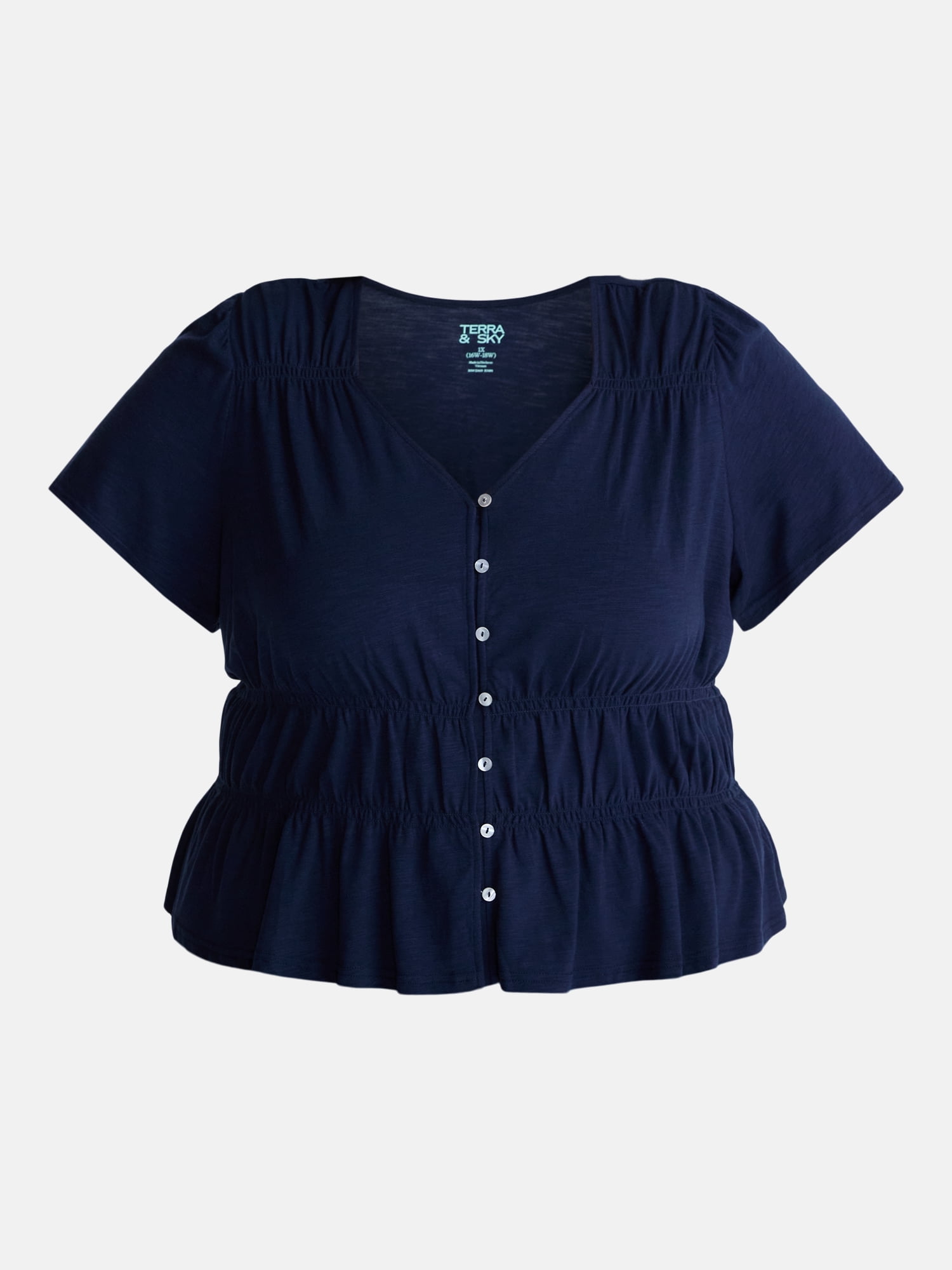 Terra & Sky Women’s Plus Femme V Neck Smocked Top with Short Flutter Sleeves, Sizes 0X-5X