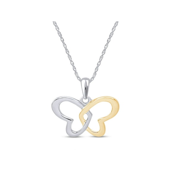 AFFY Beautiful Two Tone Double Heart Butterfly Pendant Necklace in 14K White Gold Over Sterling Silver