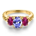 thumbnail image 3 of Gem Stone King 18K Yellow Gold Plated Silver Blue Tanzanite and Red Created Ruby Filigree Style 3 Stone Ring for Women (2.16 Cttw, Oval 8X6MM and 6X4MM) (Size 6), 3 of 6