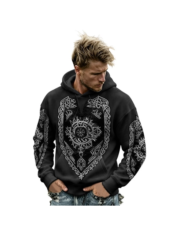 Mens NordicViking Ornate Sword TribalPrint Hoodie, Men Casual Drawstring Pullover Hooded Sweatshirt with Kangaroo Pocket for Daily Street Outfit