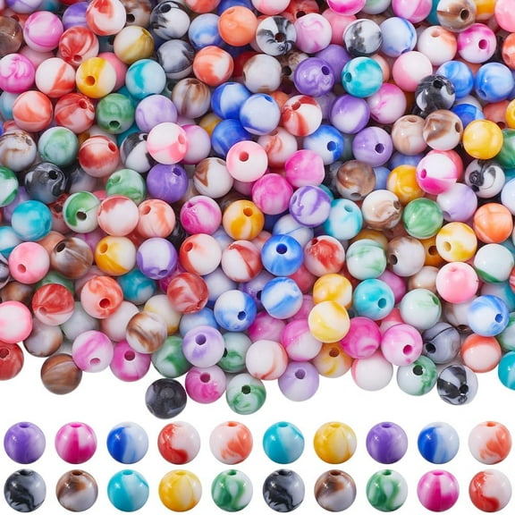 500Pcs Round Pattern Beads 8mm Acrylic Beads Ball Opaque Colorful Assorted Ink Smooth Small Marble Swirls Loose Spacer Bead
