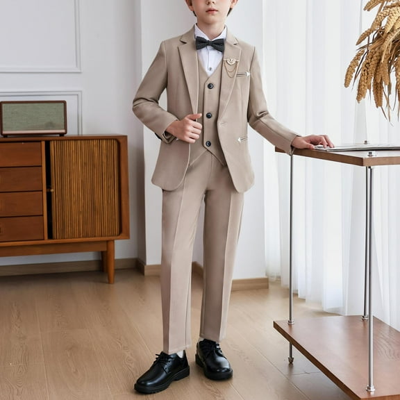 ATOGUTA Boys Suit Sets 6 Piece Slim Fit Kids Tuxedo Suit Formal Wedding Outfit Blazer Shirts Vest Pants Set with Bow Tie Brooch Size 2T-16, Khaki