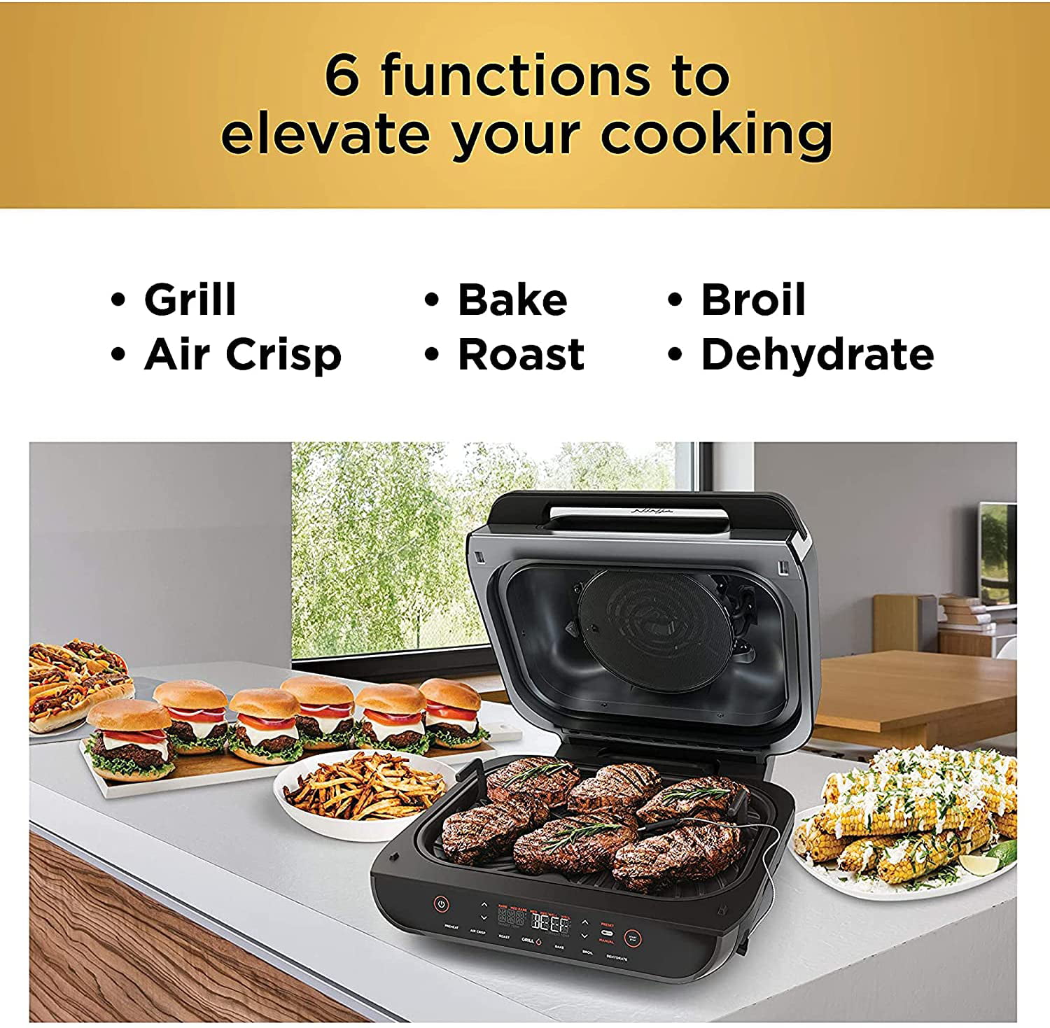Ninja FG551 H Foodi Smart XL 6-in-1 Indoor Grill with 4-Quart Air Fryer  Roast Bake Dehydrate Broil and Leave-In Thermometer, with Extra Large