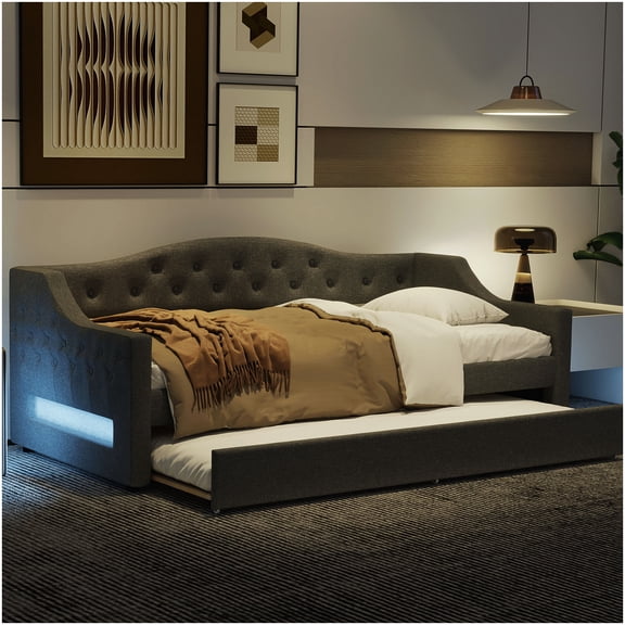 Twin XL Upholstered Daybed with Pull Out Trundle and LED Lighting, Gray Modern Bed