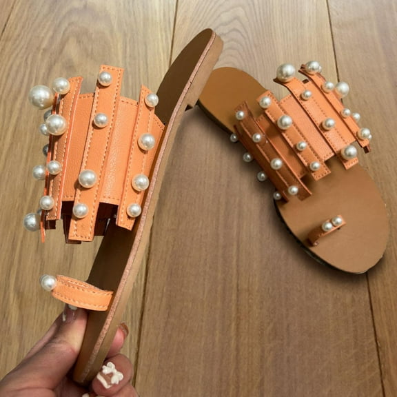 VerPetridure Summer New Slippers Women's Flat Bottom Set-toe Pearl Beach Slippers