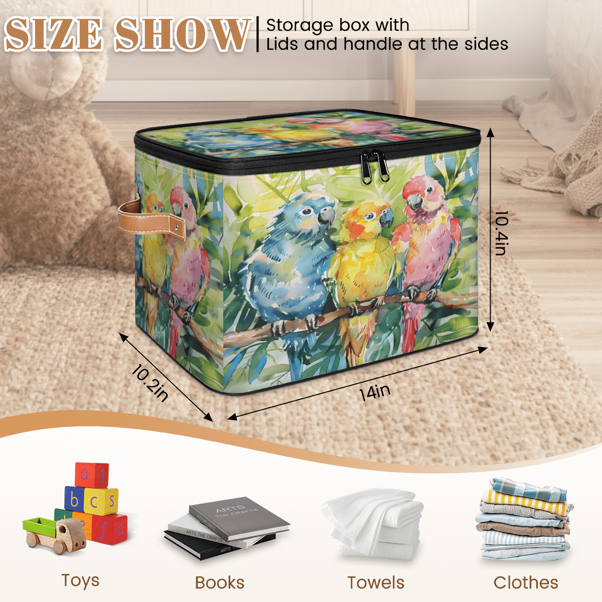 CURLYOOT Bird Fabric Storage Bins with Lids, Colorful Tropical Bird Parrot Foldable Storage Boxes Washable Storage Cube, Closet Bedroom Home Organizer Containers with PU Leather Handles