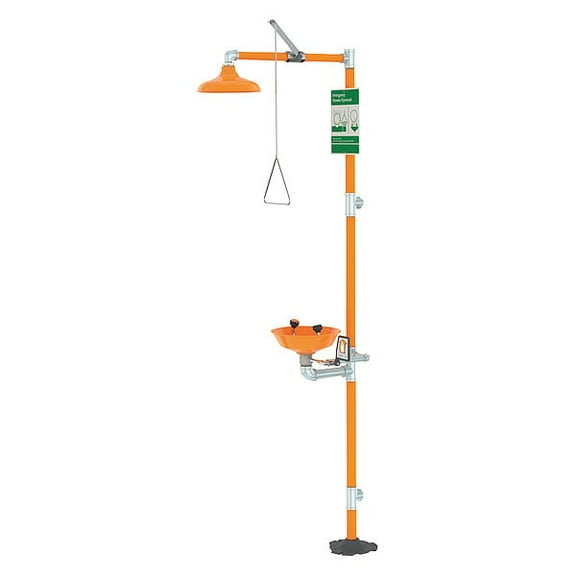Shower with Eyewash, Floor Mount, Plastic Bowl, Galvanized Steel Pipe, Orange