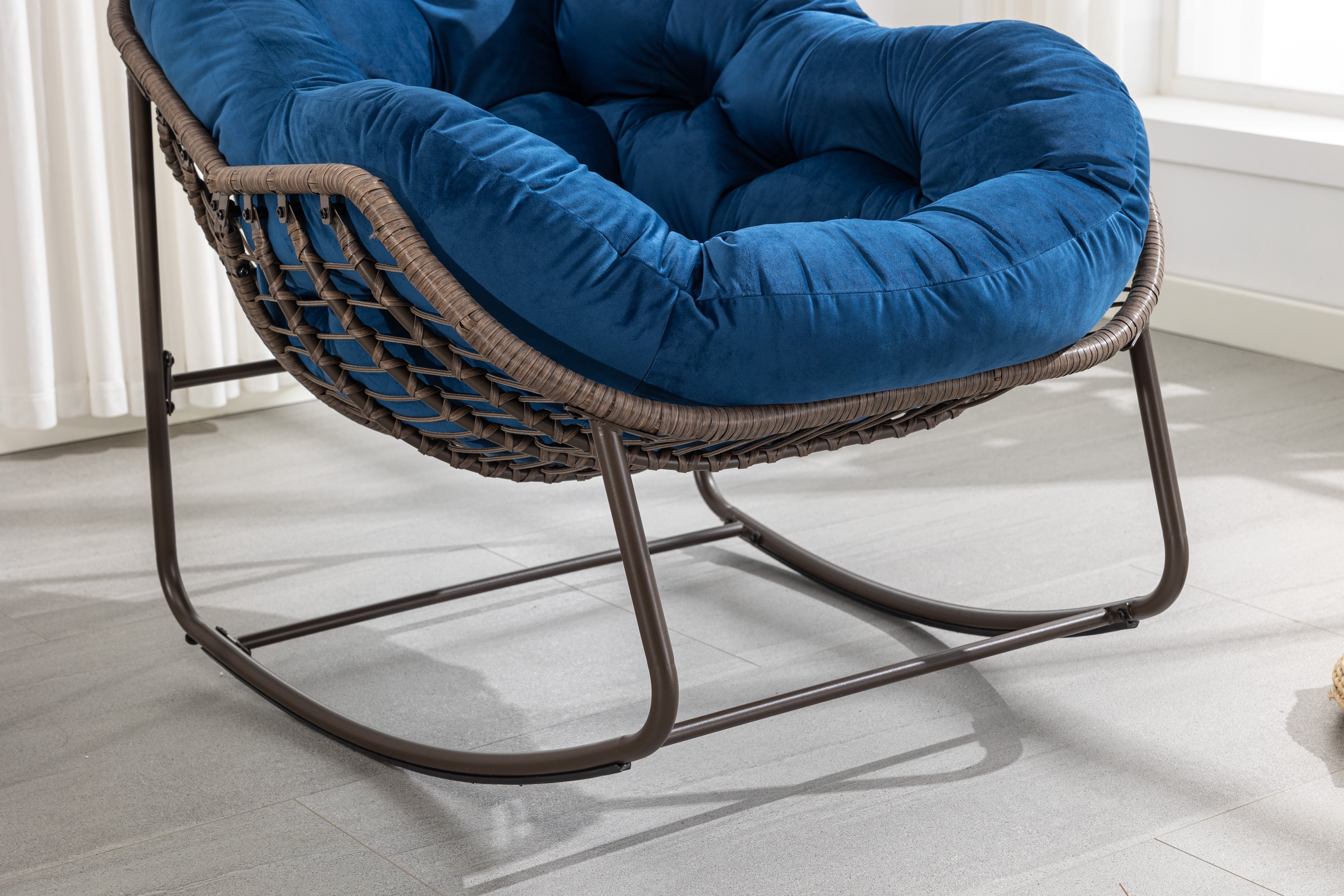 Outdoor Rattan Rocking Chair Oversized with Padded Cushion, Hand-Woven Egg Rocker Chair for Patio and Front Porch, Navy Blue