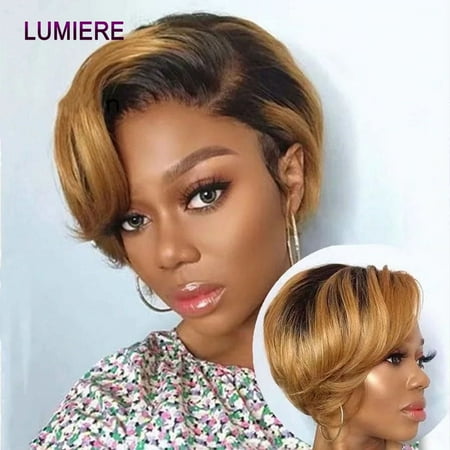 Lumiere Hair 1b/27 ombre Short Pixie Cut Bob Wig Straight Human Hair 13x4x1 HD Lace Front Wigs Caps