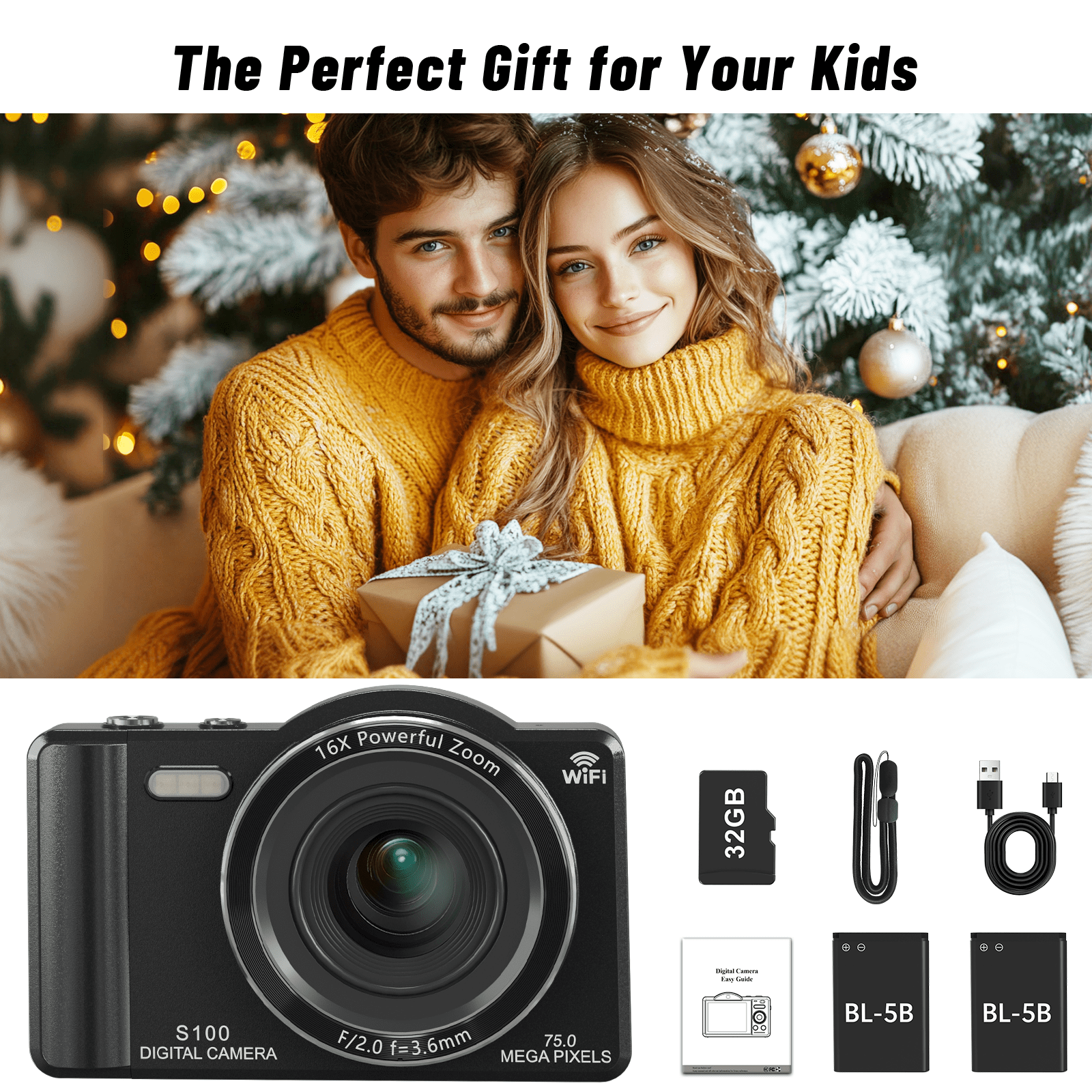 Saneen Digital Camera 4K 75MP Dual Camera for Youtube 2.8'' Vlogging Cameras 16X Digital Zoom 32GB Card Mini Cameras for Teens Black