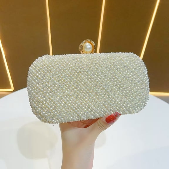 Pearl Accent Evening Clutch Purse for Women, Vintage Wedding Party Bag with Chain, Elegant Handheld Clutch for Qipao Prom Dinner off-white