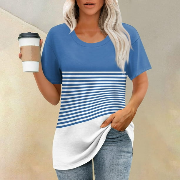 Puntoco Liquidación de blusas cortas para mujer Blusas estampadas de moda para mujer Camiseta de manga corta Cuello redondo