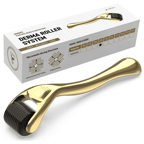 ABERA 540 Titanium Microneedle Roller for Face, Scalp & Beard Care Routine - Premium Cosmetic Exfoliating Roller System, Gold Handle (1 Pack)