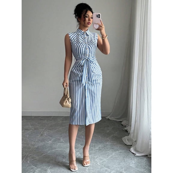 Women's Sleeveless Belted Midi Shirtdress with Vertical Stripes and Front Button Closure