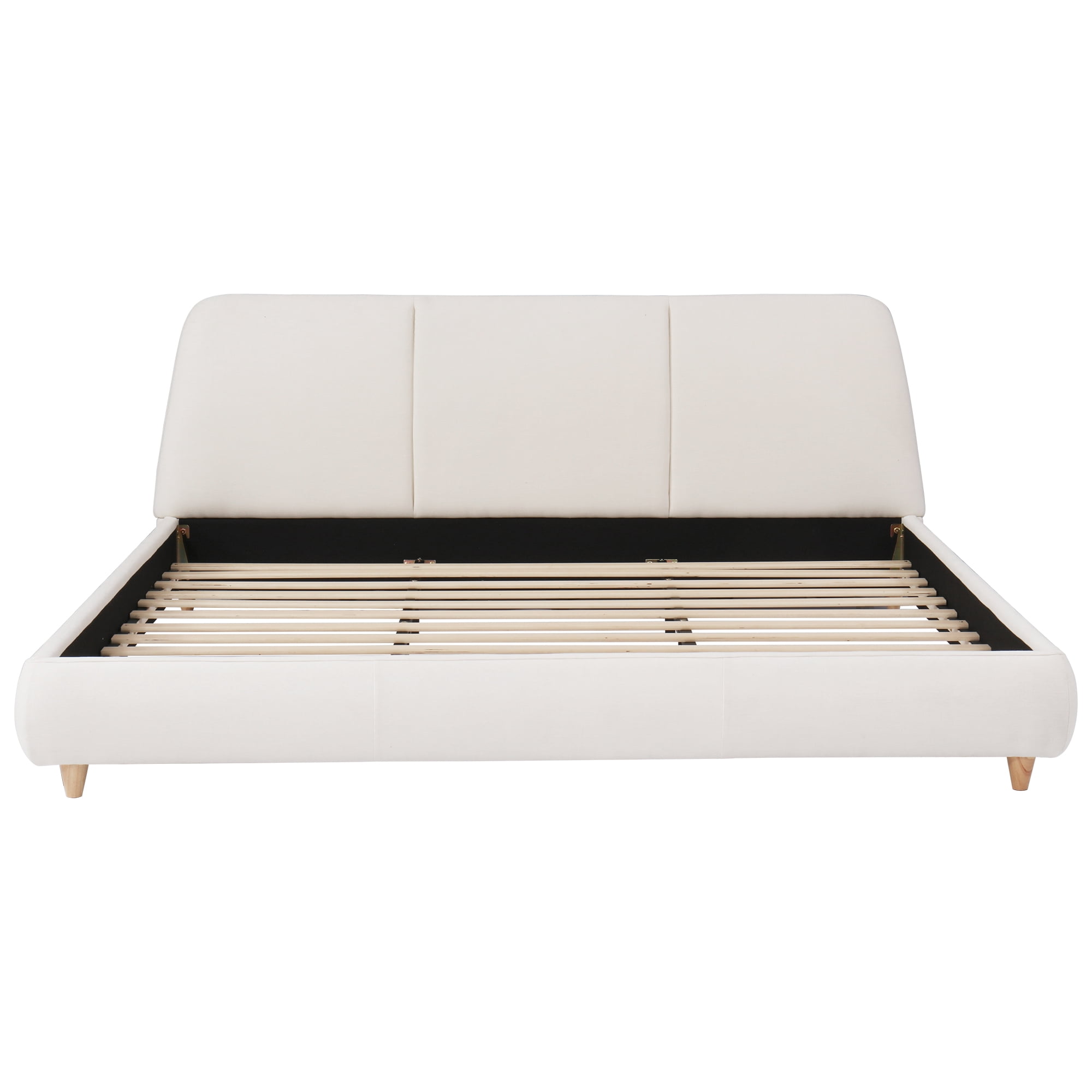 King Size Modern Upholstered Bed Frame with Linen Blend Fabric & Solid Wood Legs, Platform Bed with Thick Padded Headboard for Bedroom, White