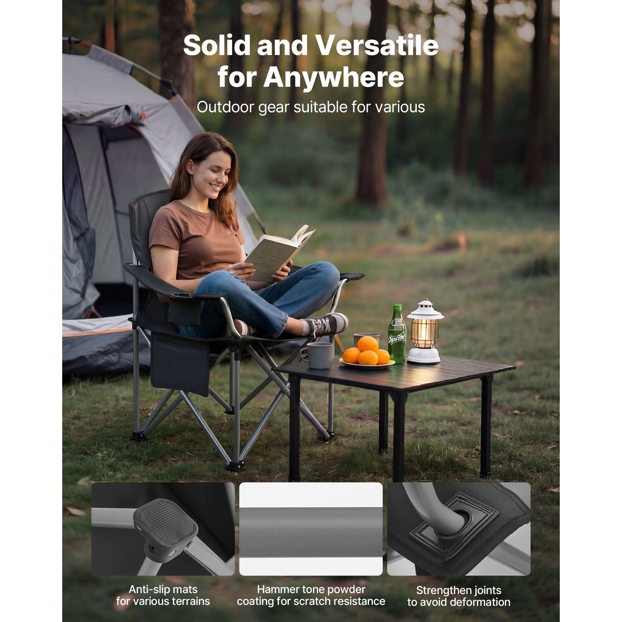 Oversized Camping Chairs, 450 lbs Heavy Duty Support, Portable Folding Camp Chairs with Padded Backrest & Armrests, Cup Holder & Side Pocket, Cooler Bag, Carry Bags for Outdoor, Fishing, 2 Pack