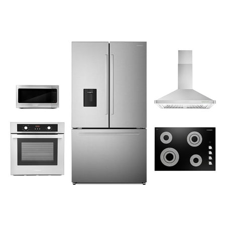 5 Piece Kitchen Package With 30  Electric Cooktop 30  Wall Mount Range Hood 24  Single Electric Wall Oven 30  Over-The-Range Microwave & French Door Refrigerator