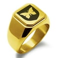 thumbnail image 1 of Stainless Steel Butterfly Free Spirit Coat of Arms Shield Engraved Square Flat Top Biker Style Polished Signet Ring, 1 of 1