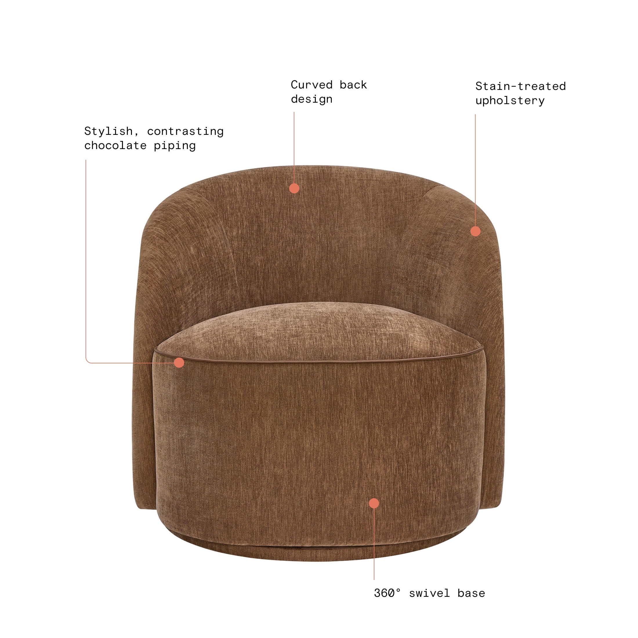 Beautiful Georgiana Swivel Chair by Drew Barrymore, Chocolate with Faux Leather Piping