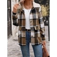 thumbnail image 5 of Female Plaid Shacket Lapel Jacket Long Sleeve Fleece Hooded Jackets Fall Winter Warm Coat Khaki S, 5 of 9