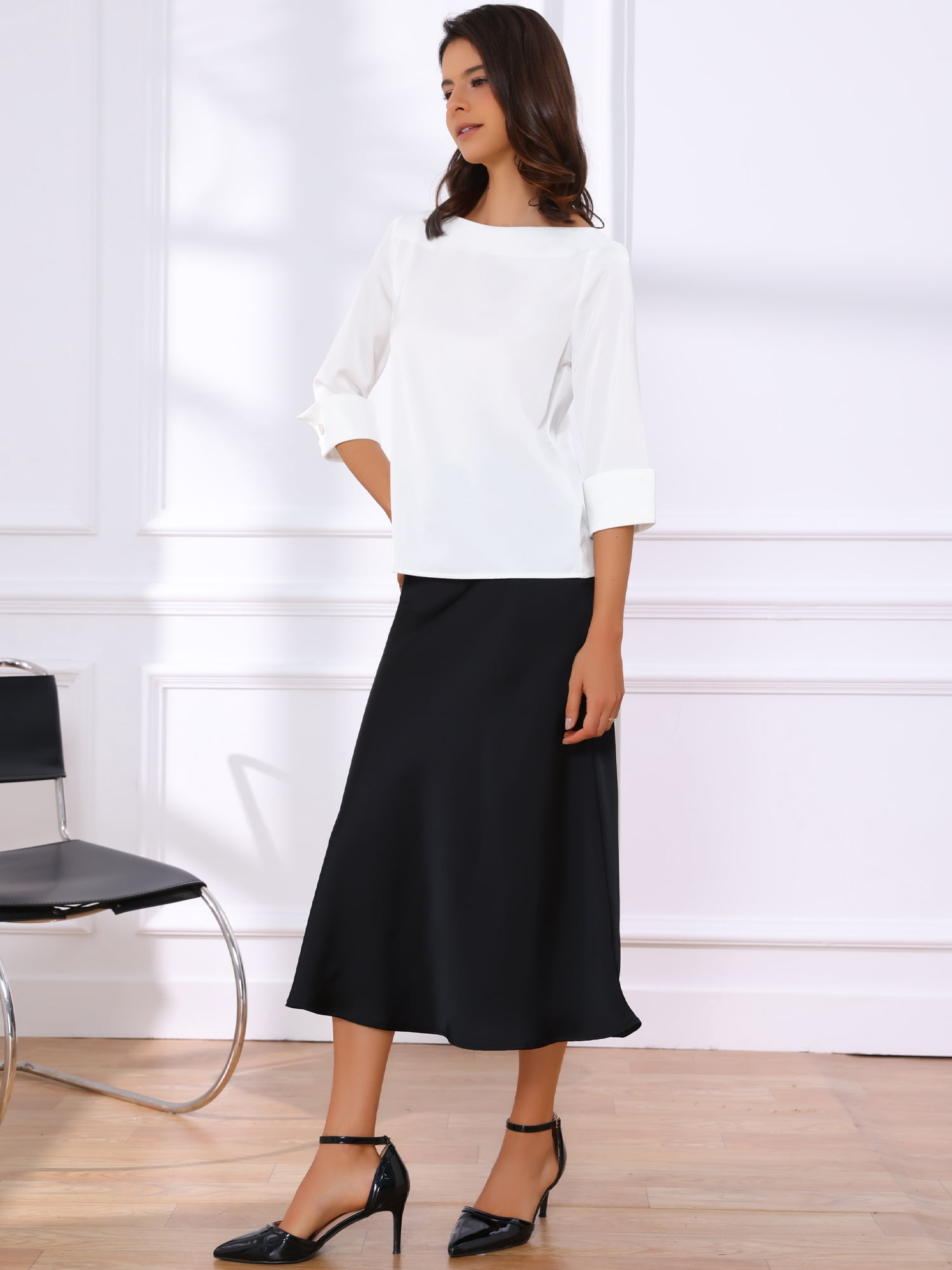 DARING DIVA Women's Satin Boat Neck 3/4 Sleeve Business Shirt S White
