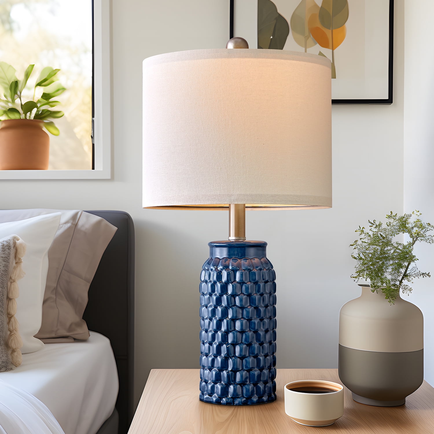 Oneach Modern Table Lamp Set of 2 for Bedroom Living Room 20.5" Contemporary Dark Blue Ceramic Bedside Nightstand Lamps