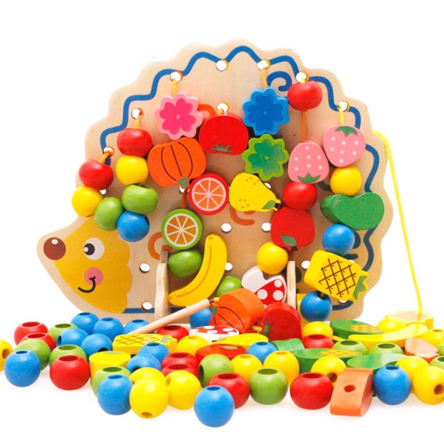 Bloques de madera con forma de erizo para niños, cuentas de frutas y verduras, juguetes de hilo de construcción, juguetes educativos para edades tempranas, regalos