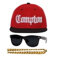 thumbnail image 1 of Compton 80s Rapper Costume Kit Flat Bill Hat w Sunglasses, Chain - Red/Black, 1 of 2