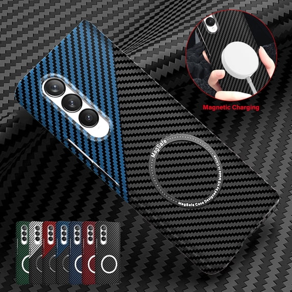 Carbon Fiber Magnetic Case for Samsung Galaxy Z Fold 3, Compatible with MagSafe Sturdy Durable for Galaxy Z Fold 3 Aramid Fiber Thin Case-Black Blue