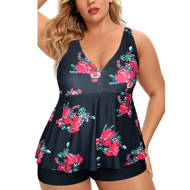 Kawell Plus Size Tankini Swimsuits for Women Blouson Tankini Tops with Swim Shorts Two Piece Bathing Suits