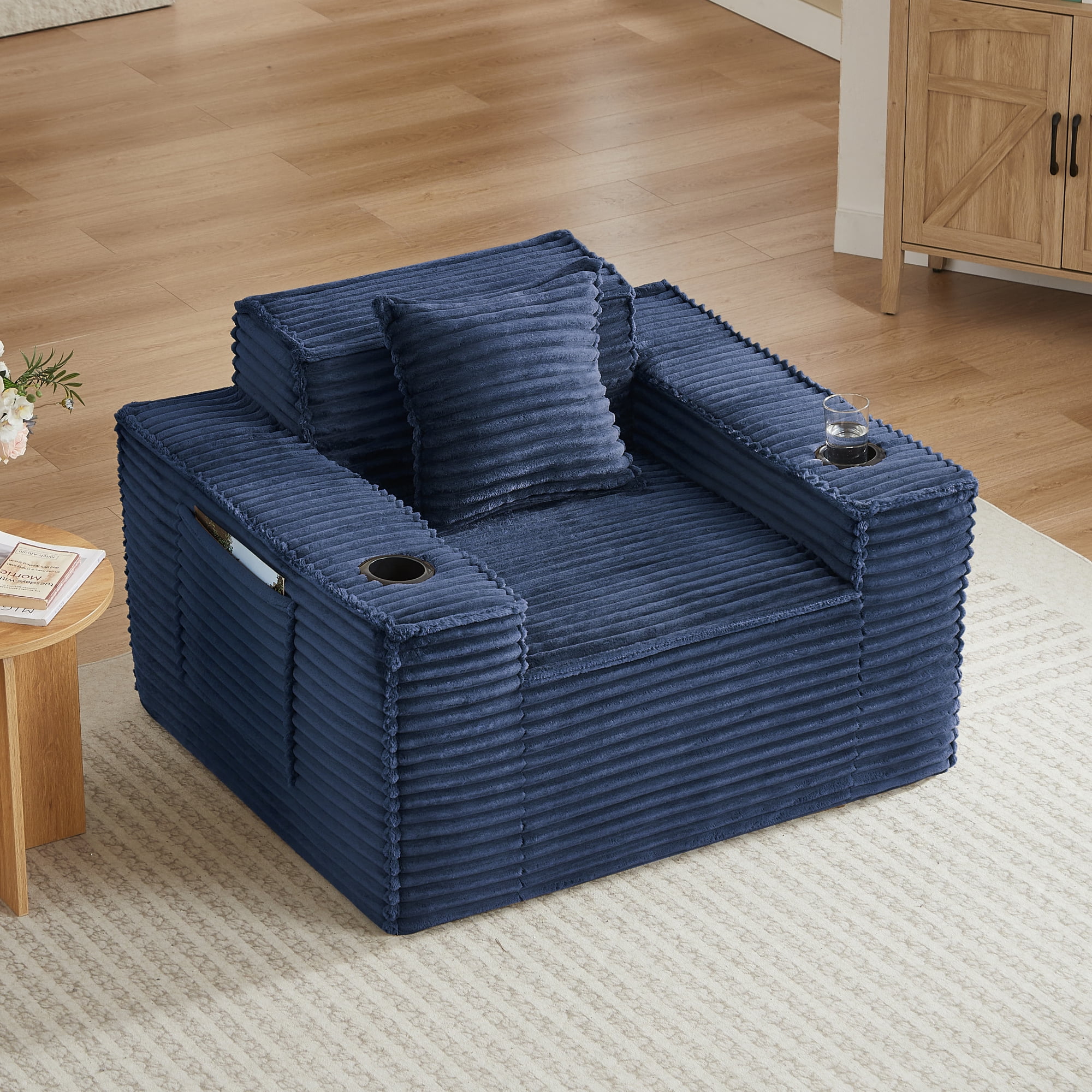 Leumius Single Cloud Sofa,Boneless Couch with Cupholders,Upholstered Corduroy Fabric Modern Armchair with Deep Seats for Living Room Bedroom,Blue