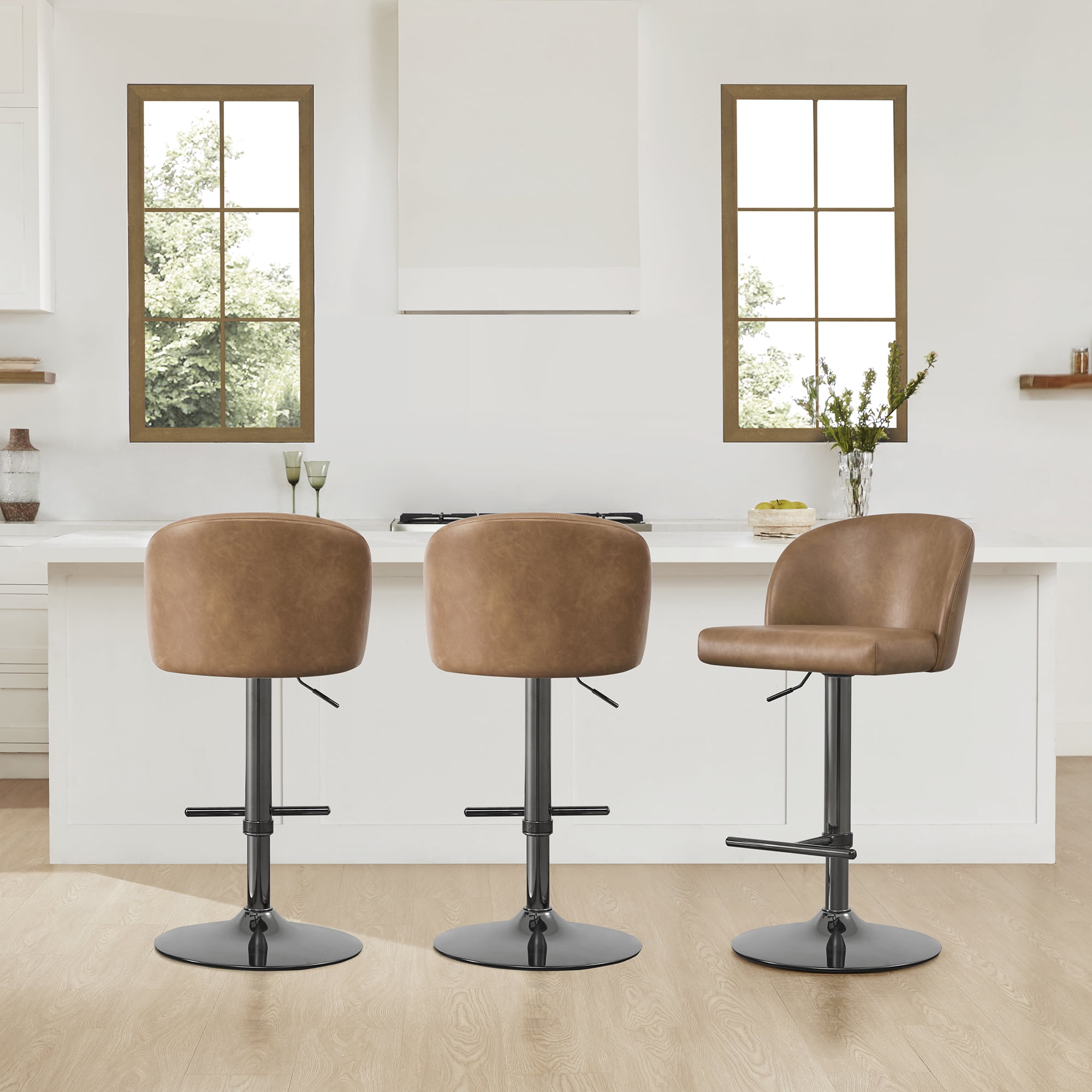 Spruce & Spring Modern Adjustable Swivel Bar Stool with Air-Lift Set of 2, Cognac with Sleek Black Frame
