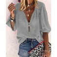 thumbnail image 2 of Sherrylily Women V-Neck Lantern Sleeve Shirts Zipper Design Loose Casual Top, 2 of 4