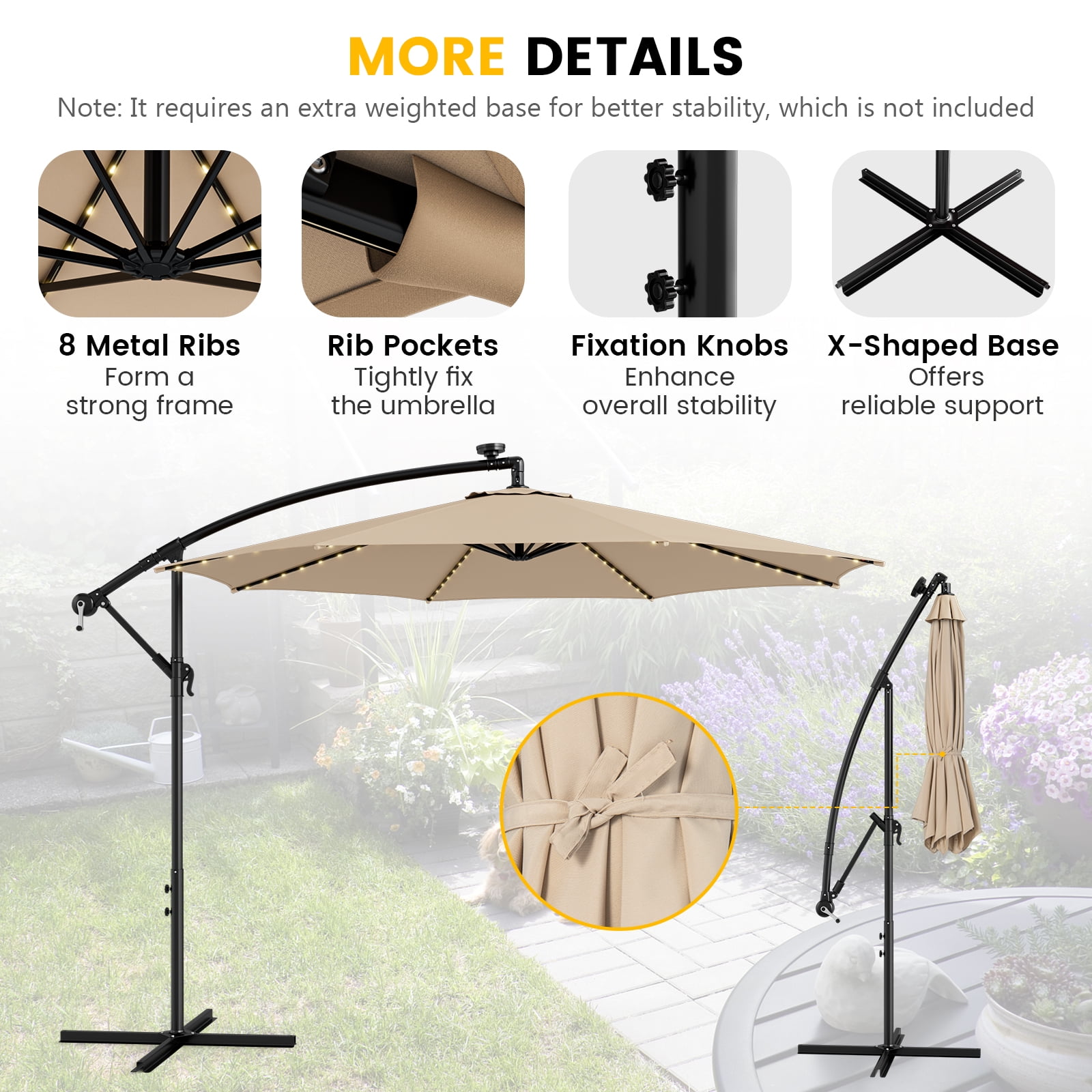 Topbuy 10FT Solar Offset Umbrella Tilted Cantilever Umbrella with 112 LED Lights Lighted Patio Sun Shade with Crank Handle Beige
