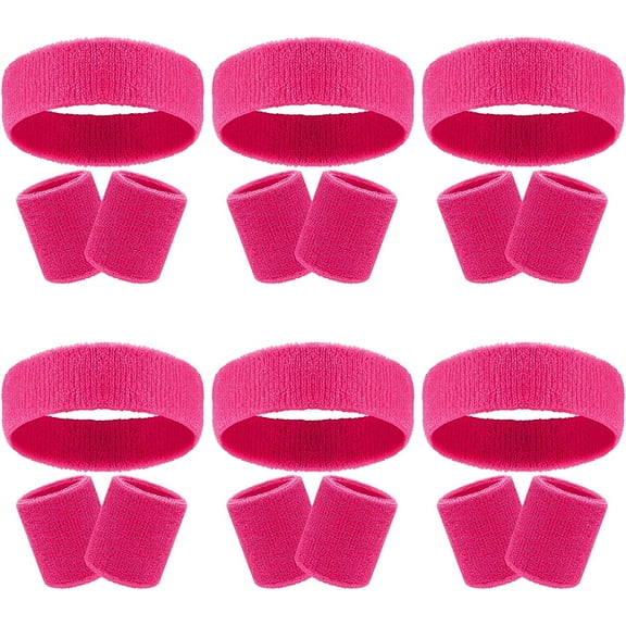 18 Pcs Sweatbands Headband Wristband Set Colorful Striped Terry Cloth Sports Athletic Gym 80s Sweat Headbands Wrist Bands (Rose Red)