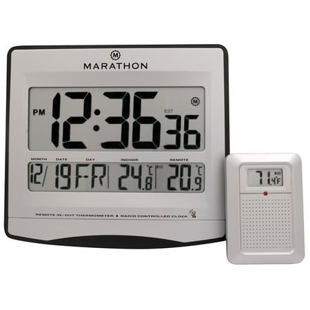 - Marathon Watch Company Atomic Wall Clock with 8 Timezones, Indoor/Outdoor Temperature & Date in Silver - Batteries Included