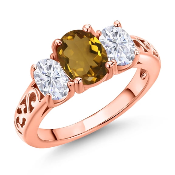 Gem Stone King 18K Rose Gold Plated Silver Whiskey Quartz and White Moissanite Filigree Style 3 Stone Ring for Women (2.00 Cttw, Oval 8X6MM and 6X4MM) (Size 5)