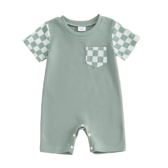 Ulanda Boy Girl Clothes Checkered Plaid Romper Jumpsuit Short Sleeve One-Piece Bodysuit Summer Outfit (Green, 6-12 Months)