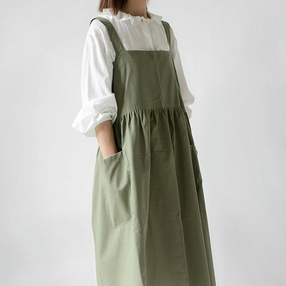 Women's Pinafore Cross Back Cotton Linen Japanese Apron With Pockets-Green