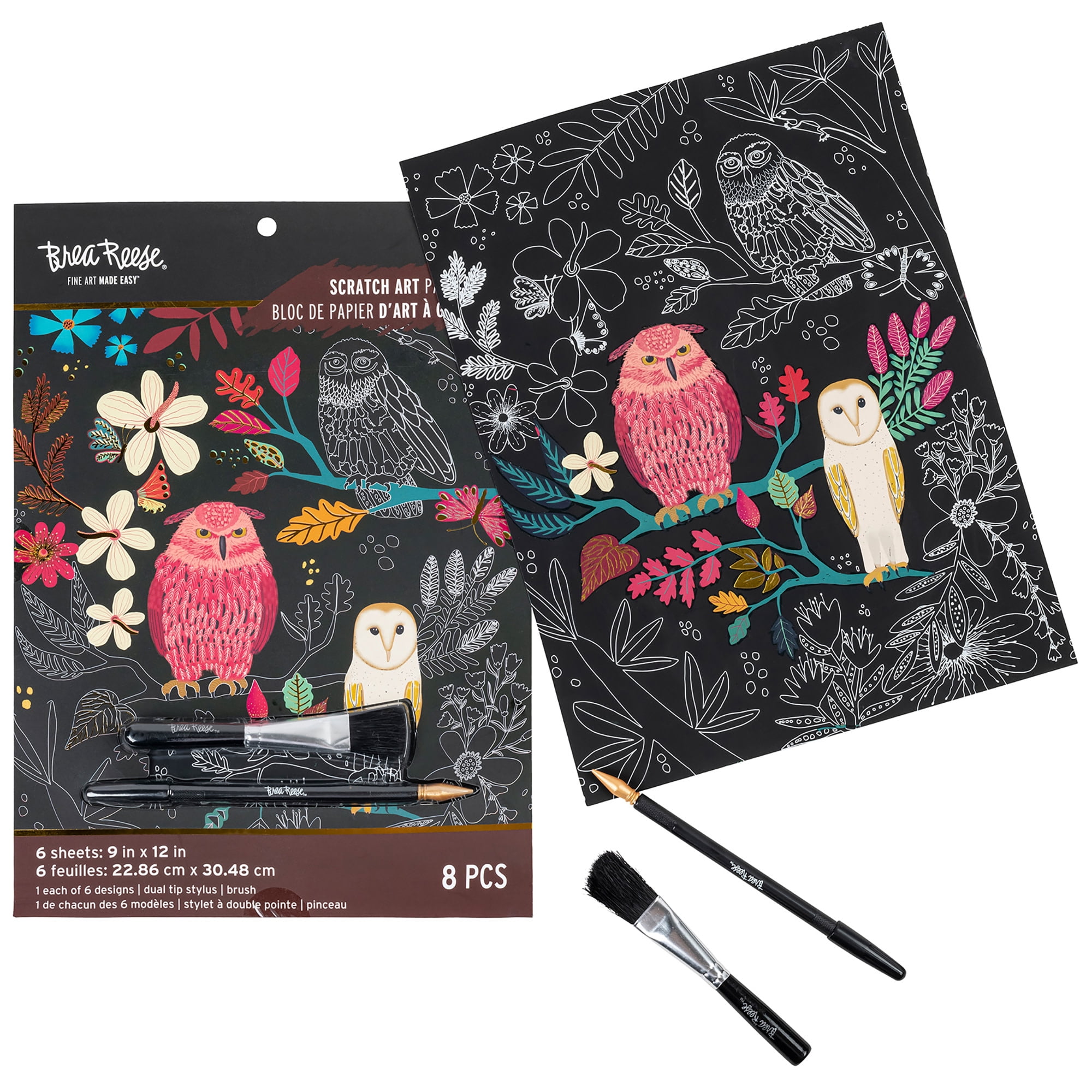 Brea Reese: Scratch Art Paper Pad - Owl & Moon - 6 Designs, Metallic Guided Art, Dual-Tip Stylus & Brush, Easy-to-Frame 9x12" Pages, Adult Craft Kit